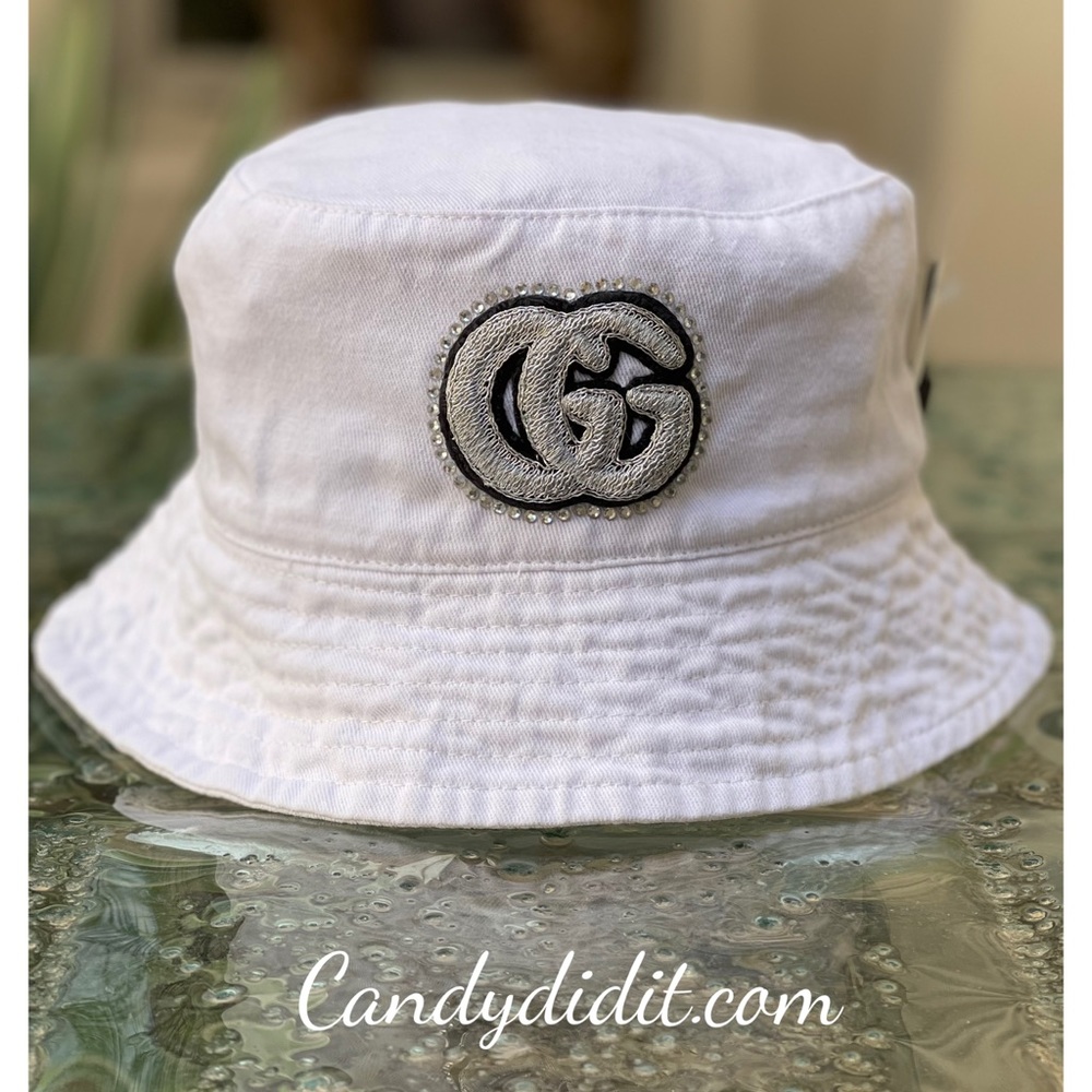 NWT Candy Did It! Handmade Designer Look Double G Twinkle White Bucket Hat